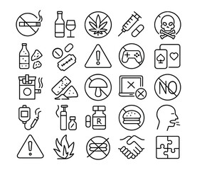 Fototapeta premium Stop addiction line editable icons set. Vector illustration in thin modern style of bad habits: smoking, alcohol, drugs, gambling, unhealthy, risk, poison, toxic, quit, emotional