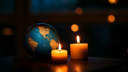 Globe and candles still life photography world peace hope remembrance memorial light in darkness earth hour