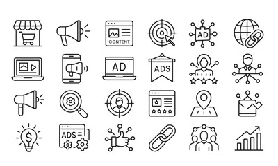 Vector illustration of marketing icons set in modern thin line style, including online shop, content, advertising, streaming, social, client, business, growth, editable, symbol, technology