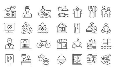 Resort line editable icons set vector illustration in modern thin line style of hotel accommodation, service, transport, spa, family friendly, beach, pool, gym, reception, parking