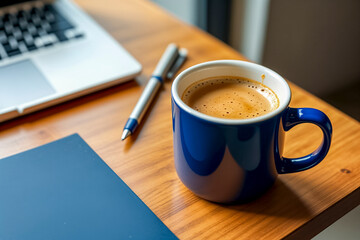 A cup of coffee next to a laptop, pen, and notebook on an organized wooden desk. A scene representing work from home, a morning routine, freelance life, or a productive break.