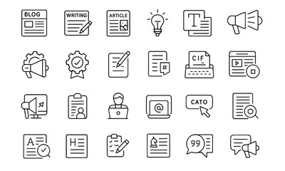 Copywriting line editable icon set, modern thin line style, author, writing, content, marketing, blog, text, copywriter, article, creative, plan, freelance, advertising, storytelling, editing