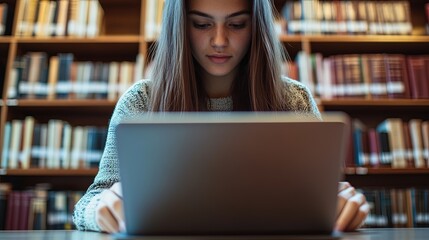 A high school student, a young woman, studying online with a laptop in a university library, with a close-up of her hands highlighting the integration of technology in today's educational landscape.