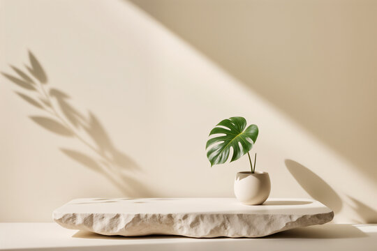 Fototapeta A minimalist scene with a Monstera leaf in a vase on a rough stone slab. Natural light and shadows create a calm, serene composition for organic product display and branding.