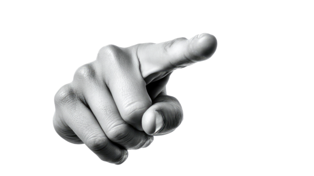 The Guiding Hand: A singular human hand, rendered in stark grayscale, extends outward with a pointed finger, inviting the viewer into a space of possibility.