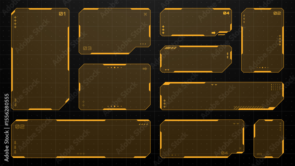 Poster set of orange hud frames or vector graphic futuristic screens. digital display interface design for 