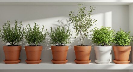 Fototapeta premium A row of small green plants in terracotta and white pots on a white shelf