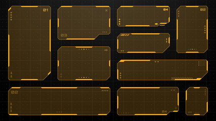 Set of orange hud frames or vector graphic futuristic screens. Digital display interface design for game or app.