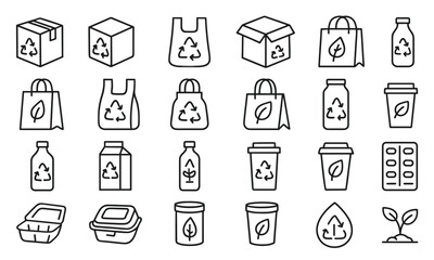 Eco Packaging Line Editable Icon Set, recyclable, biodegradable, cardboard, box, recycling, sustainable, bottle, bag, green, environment, waste, leaf, zero waste, lifestyle, vector illustration