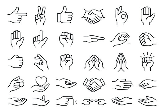 Hands Line Editable Icon Set, modern thin line hand gesture collection, handshake, like, peace, ok, praying, communication, business, outline, symbol, pointing, vector illustration