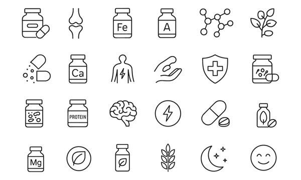 Supplements line editable icons set, vitamin, mineral, amino acid, collagen, metabolism, immunity, probiotic, protein, brain health, omega, herb, weight loss, magnesium, organic, wellness, vector
