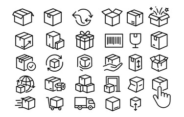 Boxes Line Editable Icon Set, delivery, open box, cardboard, closed box, return, surprise, packaging, shipping, logistics, moving, order, storage, export, vector illustration.