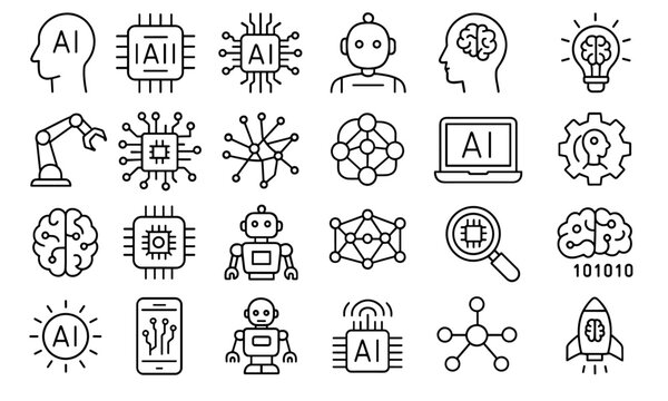 Artificial Intelligence editable icon set, vector illustration, thin line AI technology, machine learning, smart robotic, innovation, network, science, communication, business, concept, modern.