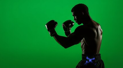Boxer's silhouette in dramatic pose against striking green background, symbolizes energy and competitive spirit in sports context.