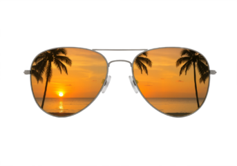 Aviator Sunglasses Reflecting Tropical Beach Scene Against White Background