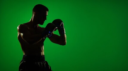 The male boxer's glowing stance against vibrant green background, highlights fitness and energy through dynamic action shot.
