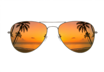 Aviator Sunglasses Reflecting Tropical Beach Scene Against White Background