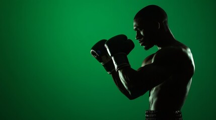 The boxer's silhouette in glowing stance against green background, conveys focus and resilience in a fitness-driven sports context featuring athlete elements creating an impressive visual impact.