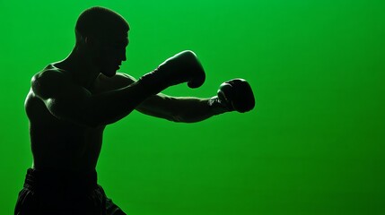 Boxer's silhouette in dramatic pose against striking green background, symbolizes energy and competitive spirit in sports context featuring boxing elements creating an impressive visual impact.