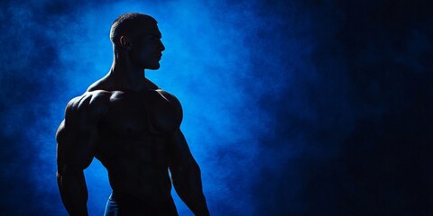 The side view emphasizes the muscular man's strength and fitness in a dramatic studio lighting setup with a vibrant blue backdrop.