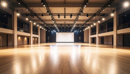 Spacious modern event hall with polished wooden floor and bright stage lighting, ideal for conferences