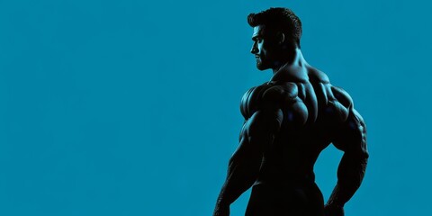 The silhouette shot displays the muscular man in an athletic pose, illuminated with dramatic studio lighting over a bold blue backdrop.