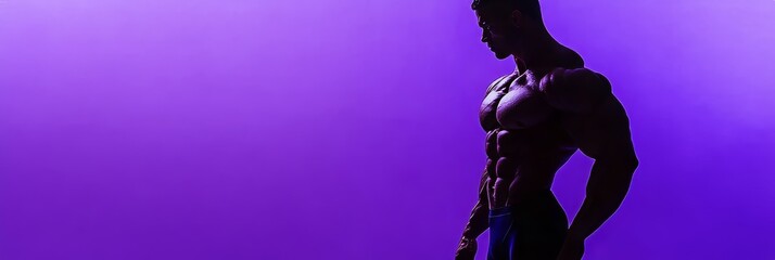 Muscular fitness model strikes a powerful pose against a vibrant purple backdrop, highlighting his athletic form and dramatic lighting.