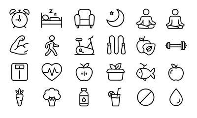 Healthy Lifestyle Editable Line Icons, modern thin style, yoga, vegetarian, wellness, diet, rest, physical activity, meditation, eco, balance, personal care, mental health, set, vector illustration.
