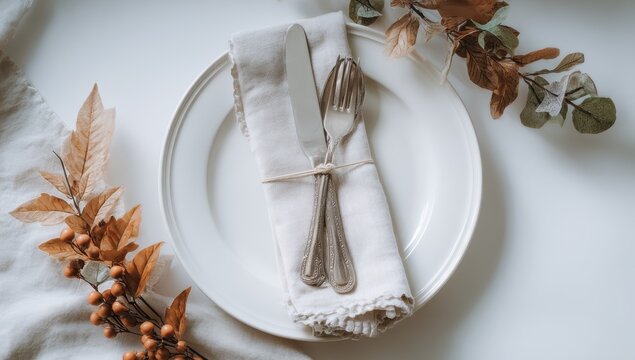 Autumnal place setting on white - Powered by Adobe