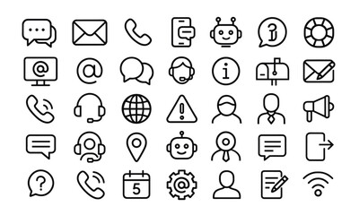 Contact UI icons set, customer support interface symbols, message, call, chat bot, help, correspondence pictograms, vector illustration, transparent background.