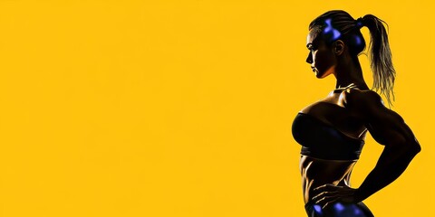 A powerful female athlete stands confidently with her athletic body, lit dramatically by yellow light for a fitness showcase.