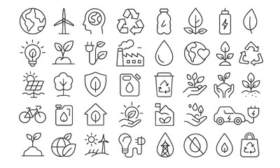 Ecology Editable Icons Set, modern thin line vector illustration of sustainability and environment icons: recycling, green energy, biodiversity, conservation, solar power, eco technology icons.