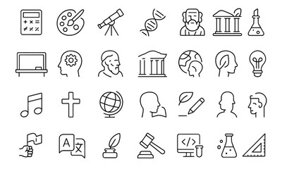 School subjects line editable icons set, modern thin line community space pictograms and infographics, vector illustration, educational interface icons, academic learning symbols.