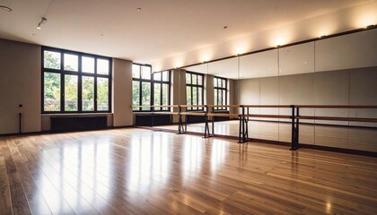 Fototapeta premium Spacious dance studio with wooden floors, large windows, and mirrors reflecting natural light