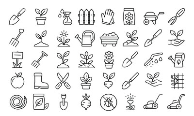 Gardening icon set vector illustration with modern thin line horticultural pictograms, including tools, pruning shears, watering can, wheelbarrow, greenhouse, transparent background.
