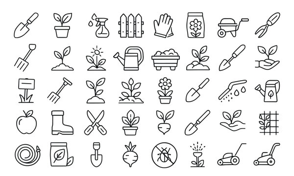 Gardening icon set vector illustration with modern thin line horticultural pictograms, including tools, pruning shears, watering can, wheelbarrow, greenhouse, transparent background.