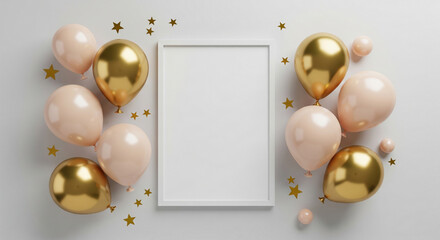 Blank White Frame Surrounded by Gold and Peach Balloons and Gold Star Confetti