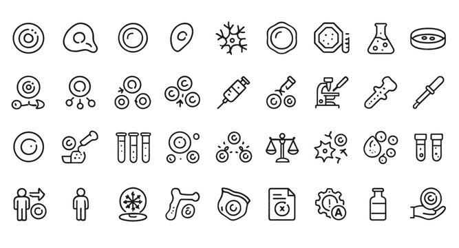 Stem Cell Therapy Line Editable Icons Set, Human Cell Types, Therapy Stages, Regenerative Medicine, Biotech Laboratory, Injection, Transfusion, Gene Therapy, Healing, Transparent Background