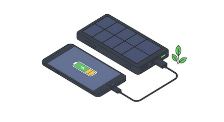 Isometric Vector Illustration of Solar Panel Power Bank Charging Smartphone — Eco-Friendly Renewable Energy Concept
