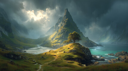 Epic coastal landscape with a solitary tree and majestic mountain peak.