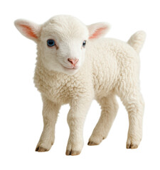 Obraz premium Playful Baby Lamb Standing Gracefully, Showcasing Soft Wool and Big Blue Eyes, Captivatingly Cute and Charming, Isolated on Transparent and White Background