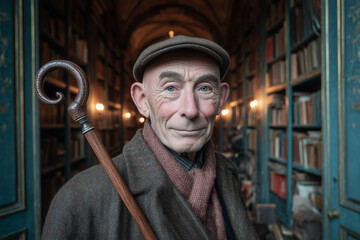 The Wise Keeper of the Literary Realm: A serene and venerable man, posed with a walking stick in hand, stands before a historical library, its shelves overflowing with knowledge.