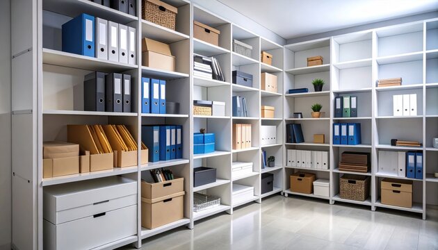 Organized office storage with shelves filled with boxes, files, and plants, creating a tidy workspace