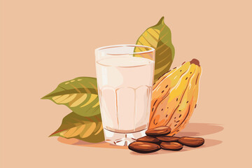 Vector illustration of cacao water in a glass and cacao fruit and beans with palm leaves on a peach backdrop