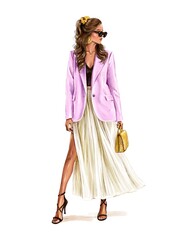 Beautiful young fashion woman in sunglasses. Stylish brunette hair girl in skirt. Fashion look. Fashion illustration 