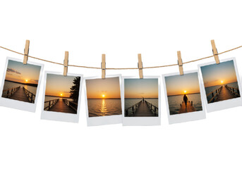 Polaroid-Style Photos on Wooden Clothesline with Scenic Landscapes Against White Background.