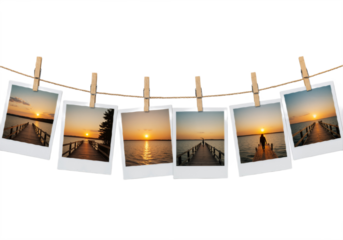 Polaroid-Style Photos on Wooden Clothesline with Scenic Landscapes Against White Background.