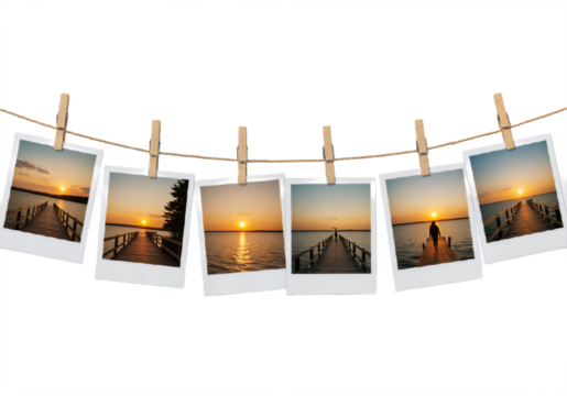 Polaroid-Style Photos on Wooden Clothesline with Scenic Landscapes Against White Background.