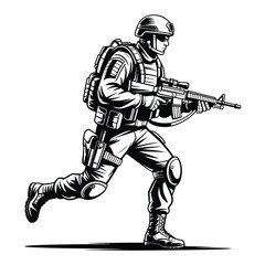 Vector illustration of running soldier with assault rifle in monochrome