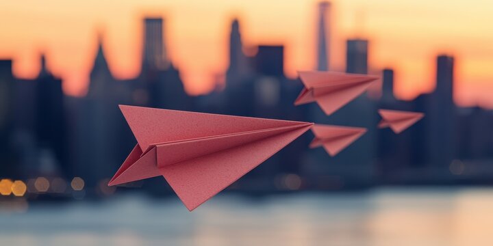 Red paper airplanes soaring over a cityscape at sunset